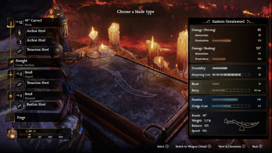 A menu from Blades of Fire, showing a series of options for an 
