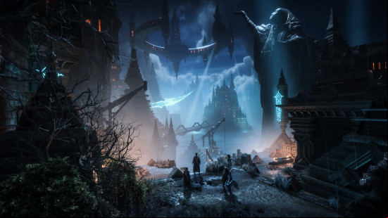 An image of fantasy warrior characters standing looking at an eerie, dark, mountainous place where a huge circular structure floats above them