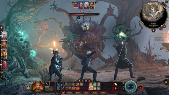 An image of Baldur's Gate 3 characters fighting a Spectator, a one-eyed tentacle monster in a dark forest area