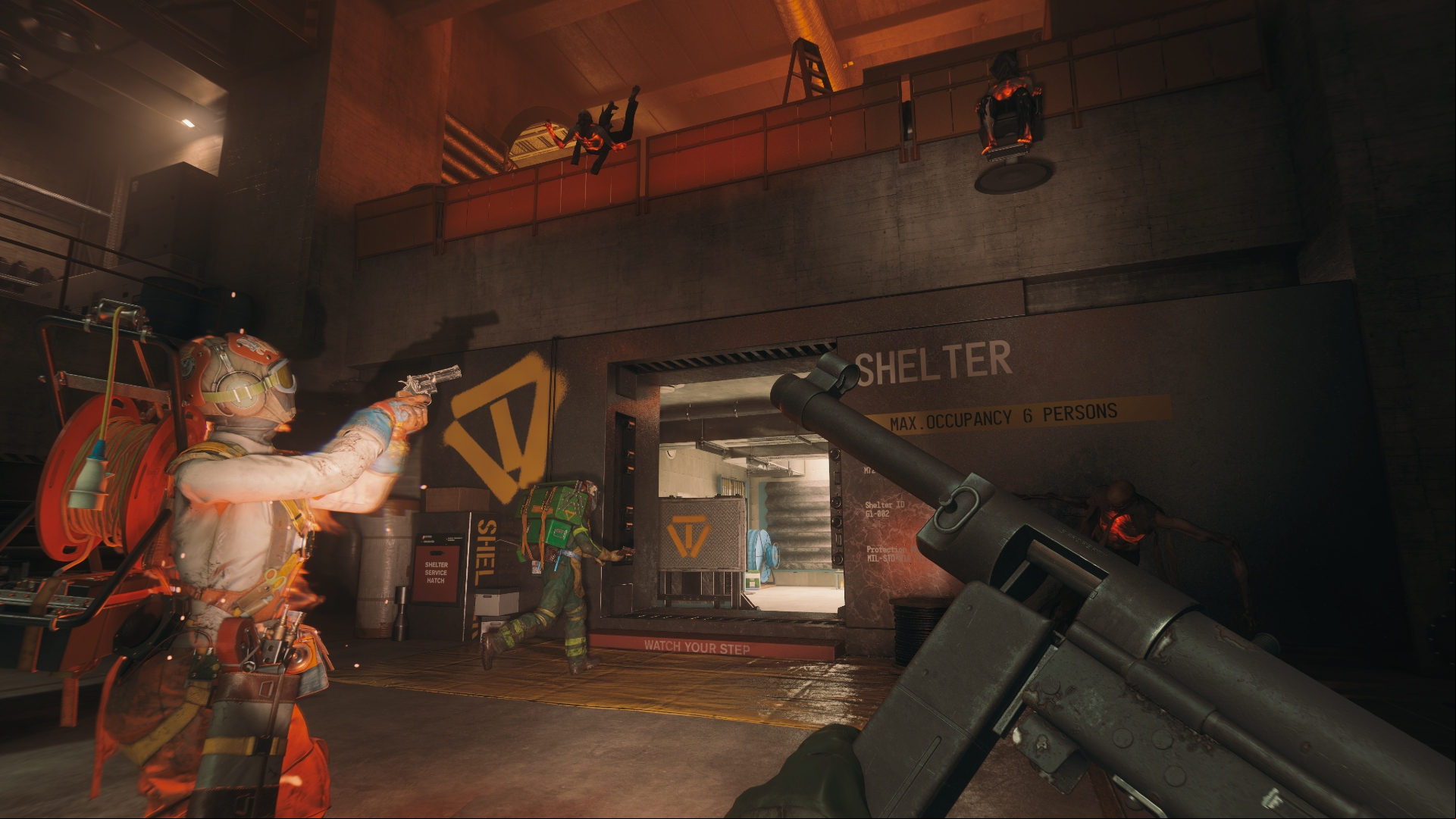 FBC Firebreak: A first person view of someone holding a submachine gun and running towards a shelter