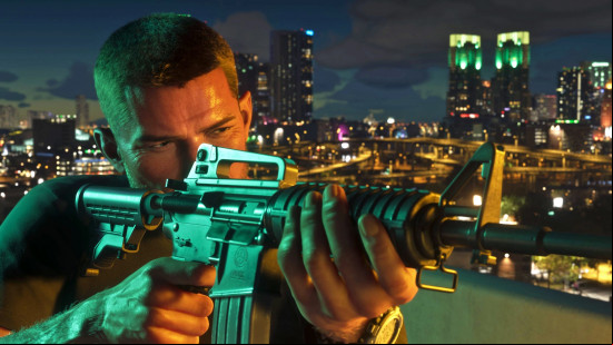 GTA 6 release date: Jason looks down the scope of a rifle against a backdrop of the Vice City night skyline.