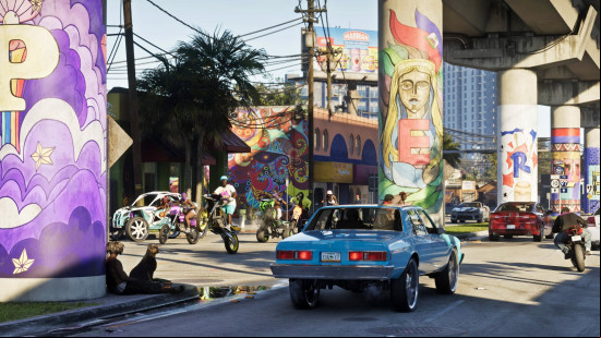 GTA 6 release date: A downtown area in Vice City featuring colorful graffiti artwork on under pillars as cars and bikes choke the roads and pavements.