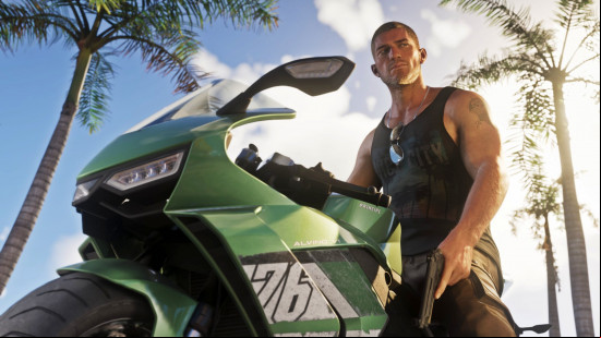 GTA 6 release date: Jason sits back on a stationary motorbike, a pistol in hand.