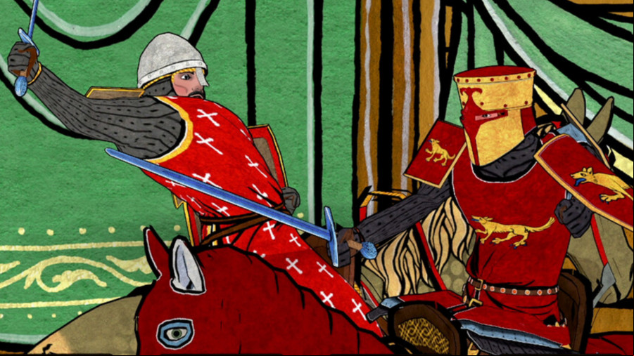 Legends of the Round Table - Two Knights clash on horseback.