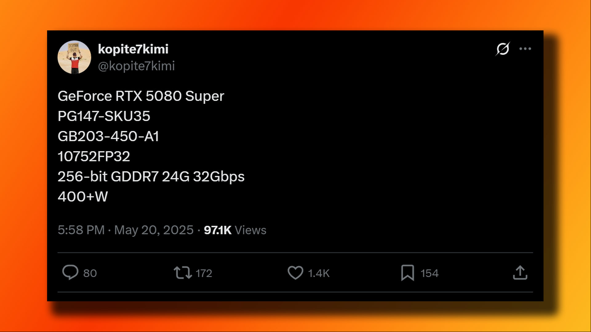 Nvidia GeForce RTX 5080 Super specs leak from kopite7kimi on X (formerly Twitter).