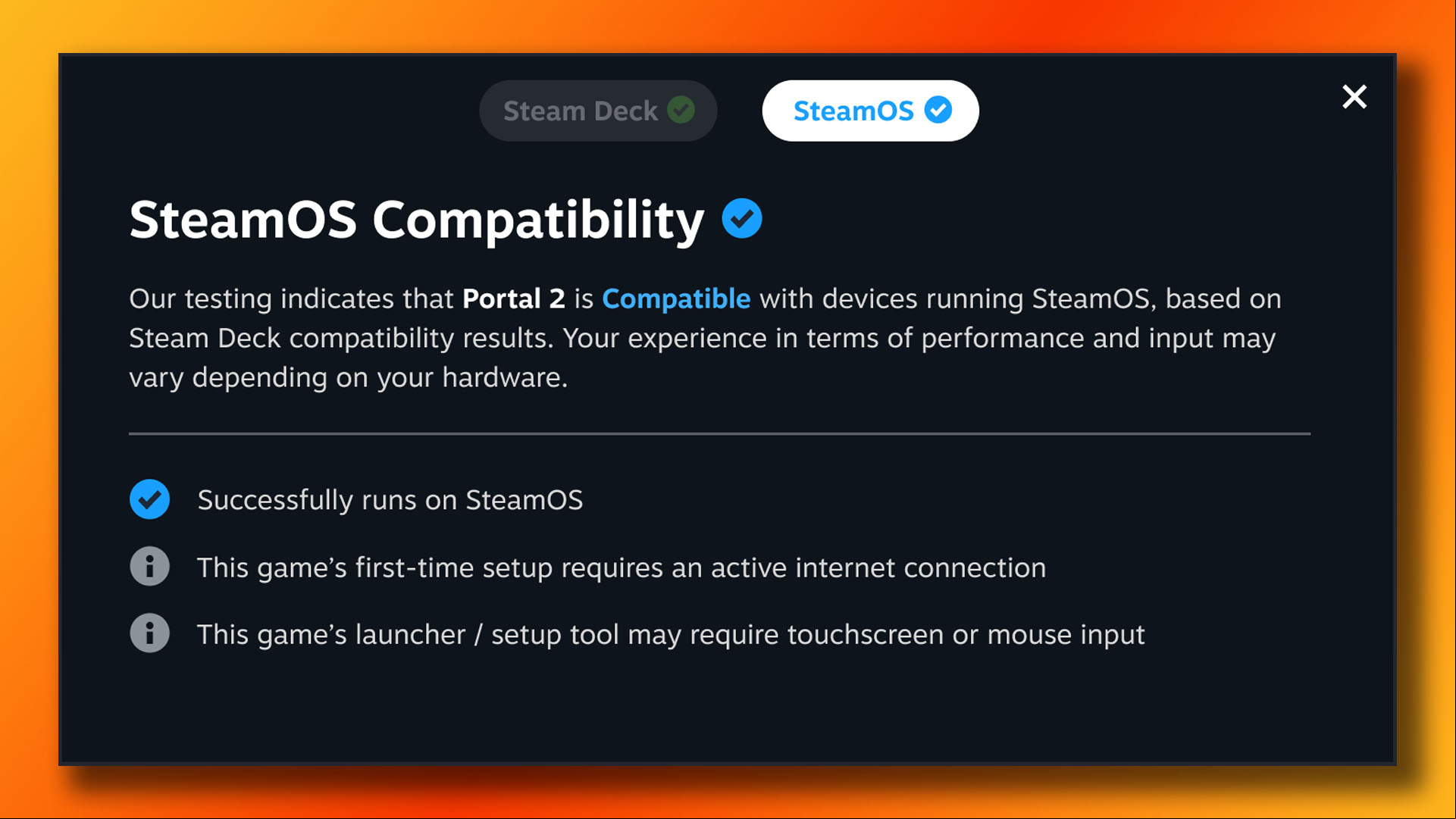 Valve SteamOS compatibility check for Portal 2.