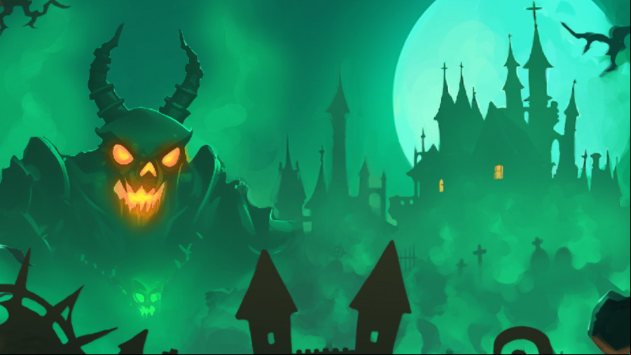 The Slormancer - A horned figure by a spooky town.