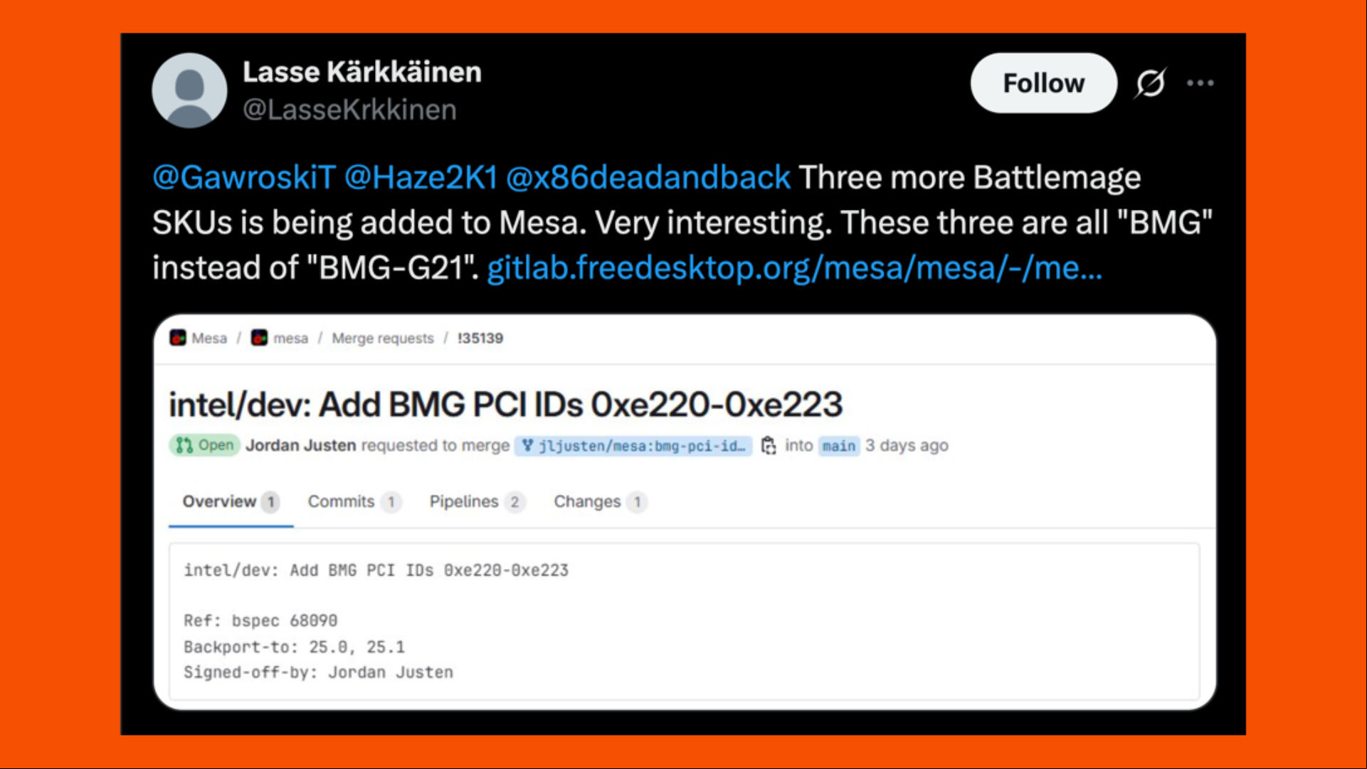 New Intel Battlemage GPUs added to Linux Mesa driver, as spotted in a post on X
